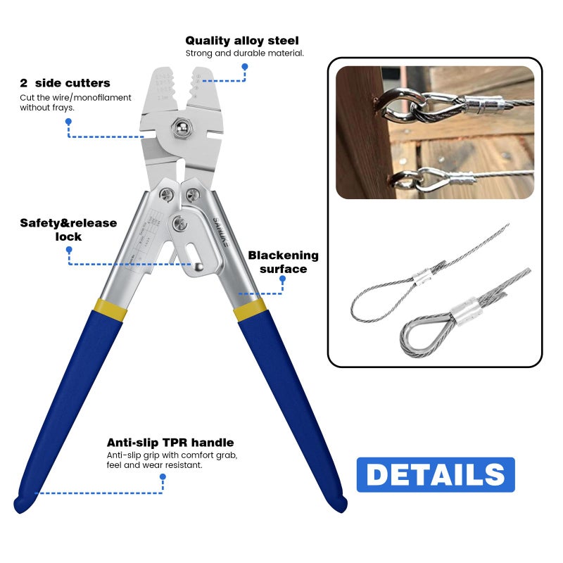 Sanuke Wire Rope Crimping Swaging Tool Cable Crimps up to 2.2mm(2/32inch) with 160pcs 4sizes Aluminum Double Barrel Ferrule Loop Sleeve and 10pcs Stainless Steel Thimble Assortment Kit - Image 3